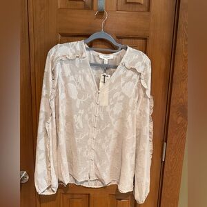 New Look Cream Floral Jacquard Ruffle-Trim Blouse